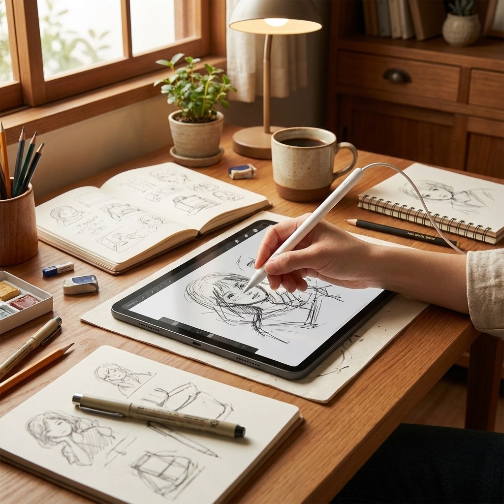 木目の机を俯瞰。女性がSonarPen 2でiPadにアイデアスケッチと日本語メモを書いている。隣にノートが開かれている。ケーブルが左側に自然に伸びている。