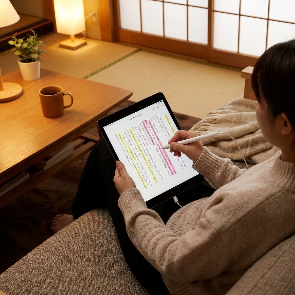 図書館または学校。階段に座ってiPadに書いている。ケーブルあり。