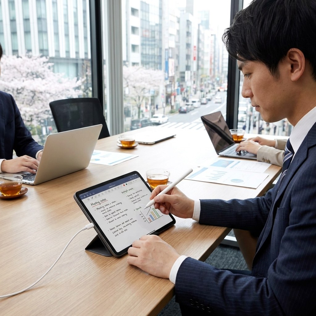 会議中のメモシーン。SonarPen 2でiPadに書いている。