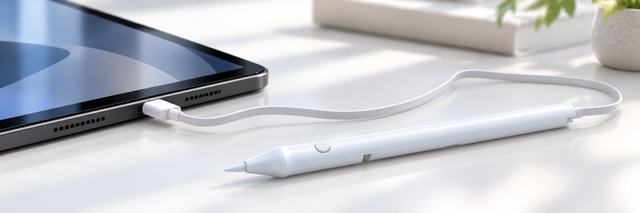 Tablet and White Stylus on Glossy Desk