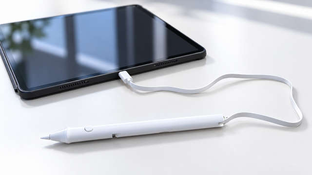 白い机の上にiPadとSonarPen 2。USB-Cケーブルで接続されている。